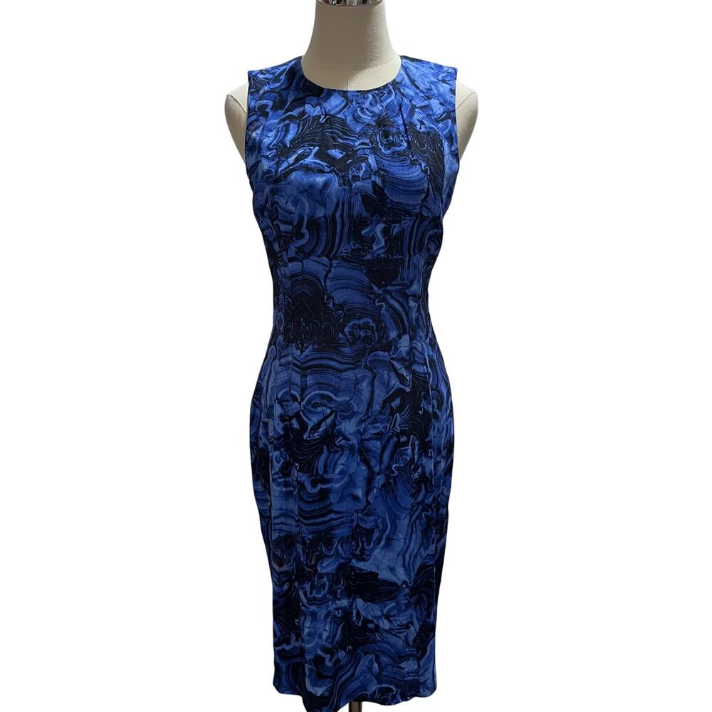 Michael Kors Collection Blue Black Abstract Swirl Sleeveless Sheath Dress 6